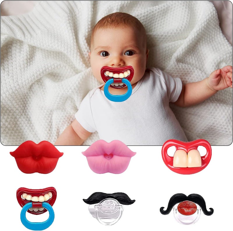 AUSTUFF 6PCs Funny Pacifier Infant Pacifier Cute Kissable Lips and Gentleman Mustache Teeth Pacifier Soft Silicone Cute Pacifier Design with Kiss Lip for Babies and Toddlers Shower Gift Unisex-BPA Free - Image 1